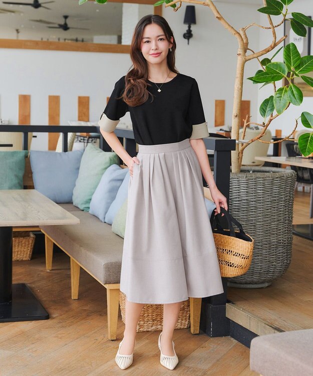 Tiaclasse L 【洗える】配色カフスニットトップス ブラック×グレージュ