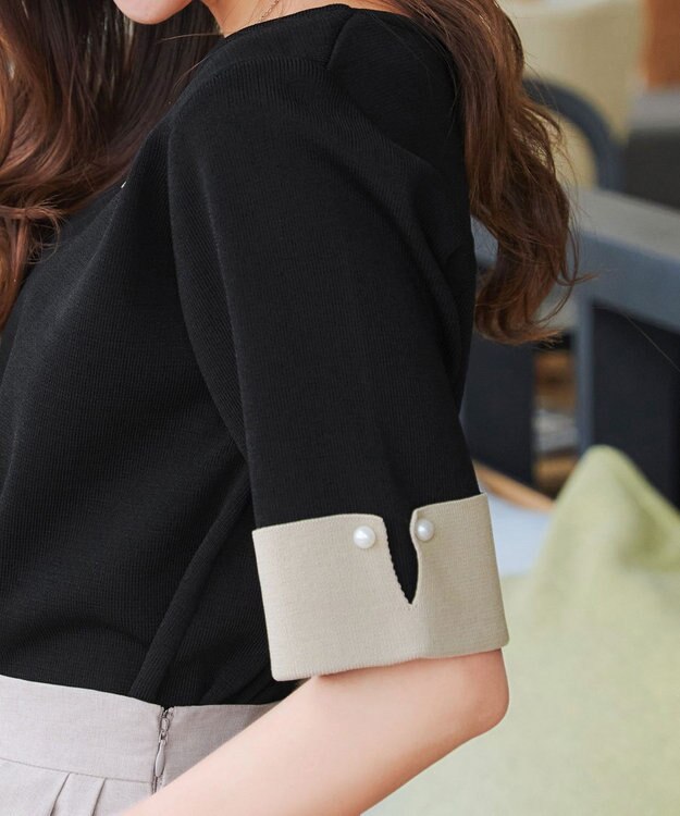 Tiaclasse L 【洗える】配色カフスニットトップス ブラック×グレージュ