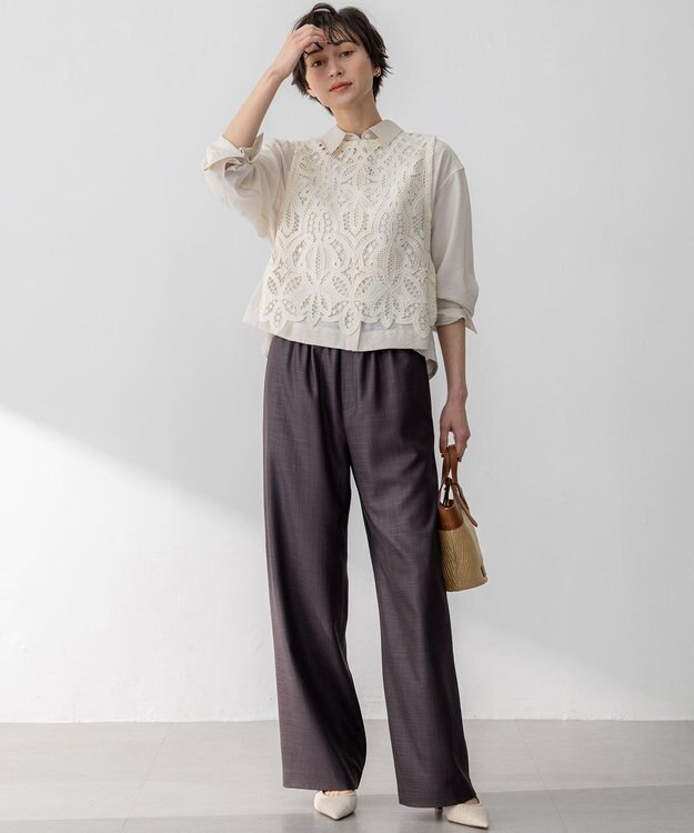 23区 【接触冷感/UVカット/洗える】ドライスラブストレッチ ワイド パンツ ダークブラウン系