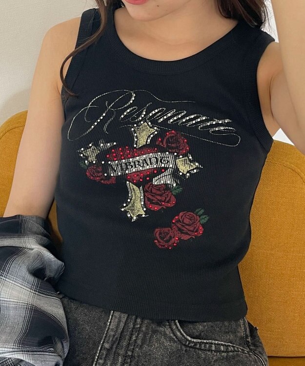 WEGO ラインストーンハートグラフィックタンク ブラック