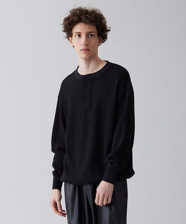 UNFILO MENS イージーケア ワッフル ヘンリーネック [23年春夏商品] ブラック