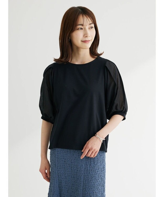 Green Parks 袖シアードッキング５分袖カットプルオーバー Black