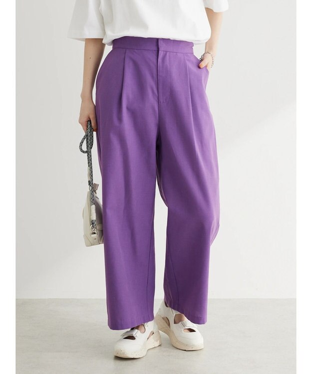 Green Parks 綿麻混タックストレートワイドパンツ Deep Purple