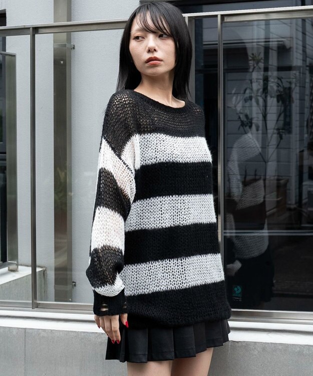 WEGO モヘアタッチボーダーBIGニット ホワイトボーダー