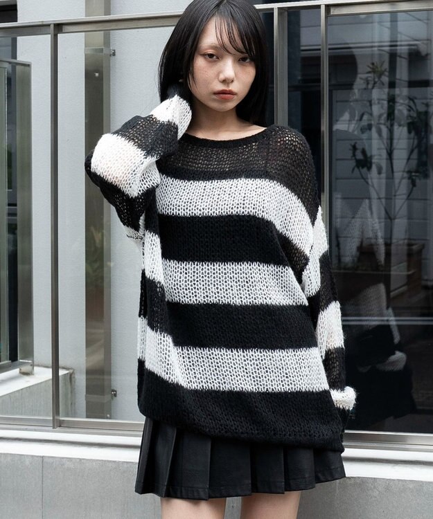 WEGO モヘアタッチボーダーBIGニット ホワイトボーダー