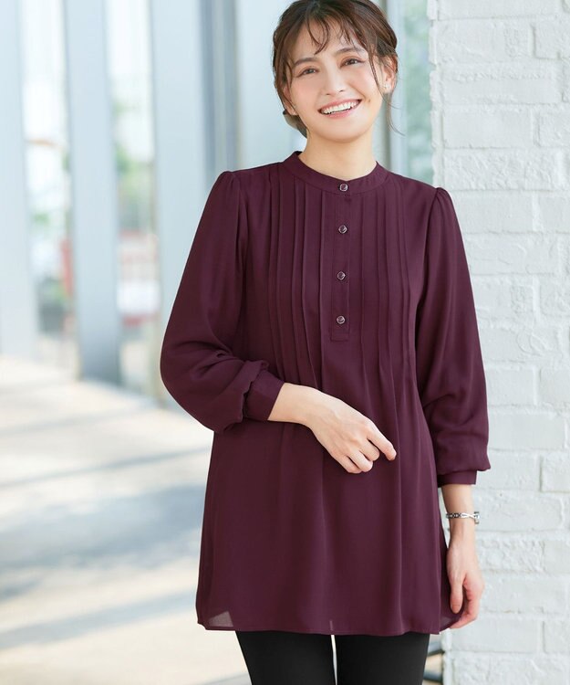 Tiaclasse 【スマート裏起毛・新色追加】 ピンタックシャツチュニック ボルドー