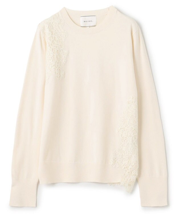 BEIGE， 【ご好評により新色追加！洗える】WILLOW / アシンメトリーレースクルーネックニット Ecru×Ecru