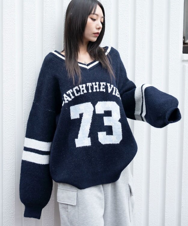 WEGO 【25年秋冬新作】フラッフィーVネックニットBIGプルオーバー Dブルー