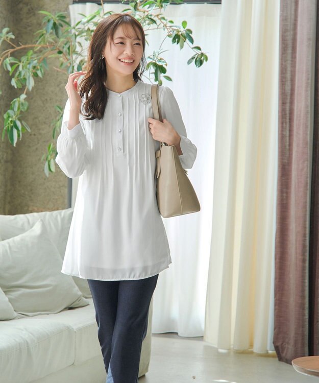 Tiaclasse 【スマート裏起毛・新色追加】 ピンタックシャツチュニック オフホワイト