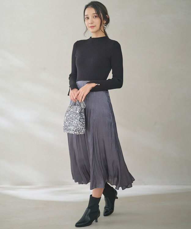 ANY SIS 【洗える】オーロラサテンコンビ ワンピース ブルーグレー×ブラック