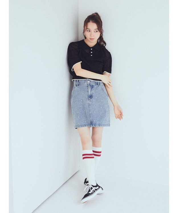 earth music&ecology ラインポロニットプルオーバー Black