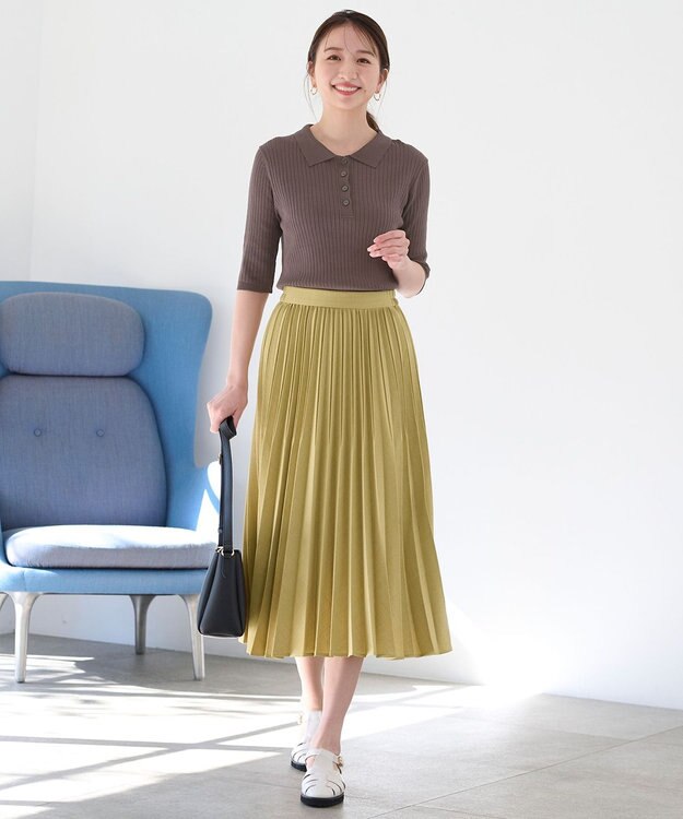 ANY 【ウエストゴム】リネンライクエアーヴィンテージ プリーツスカート イエローグリーン