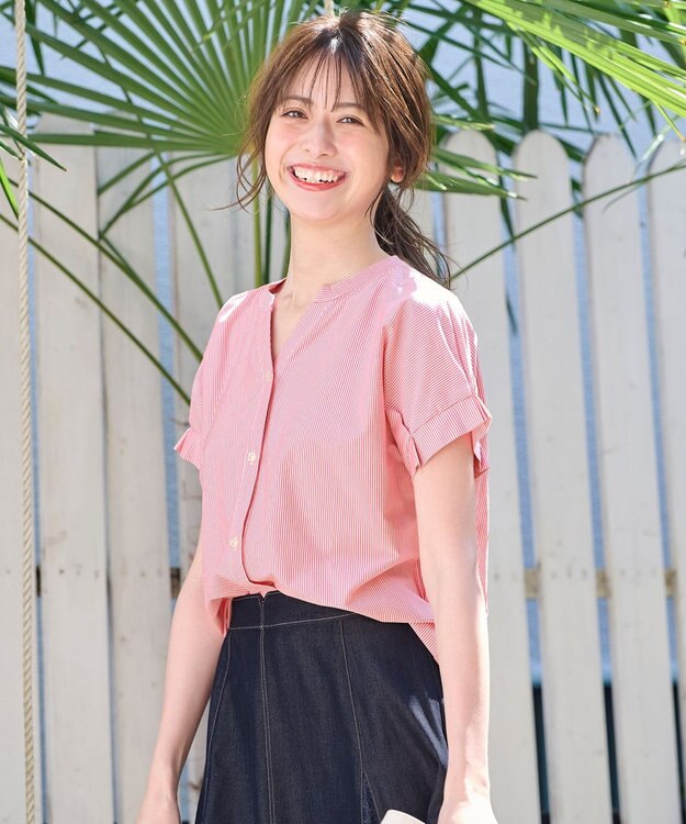 ANY SIS S シルケットストライプ スキッパー カットソー ピンクストライプ