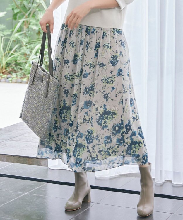 自由区 L 【洗える】オータムダリアプリント スカート ブルーグレー系