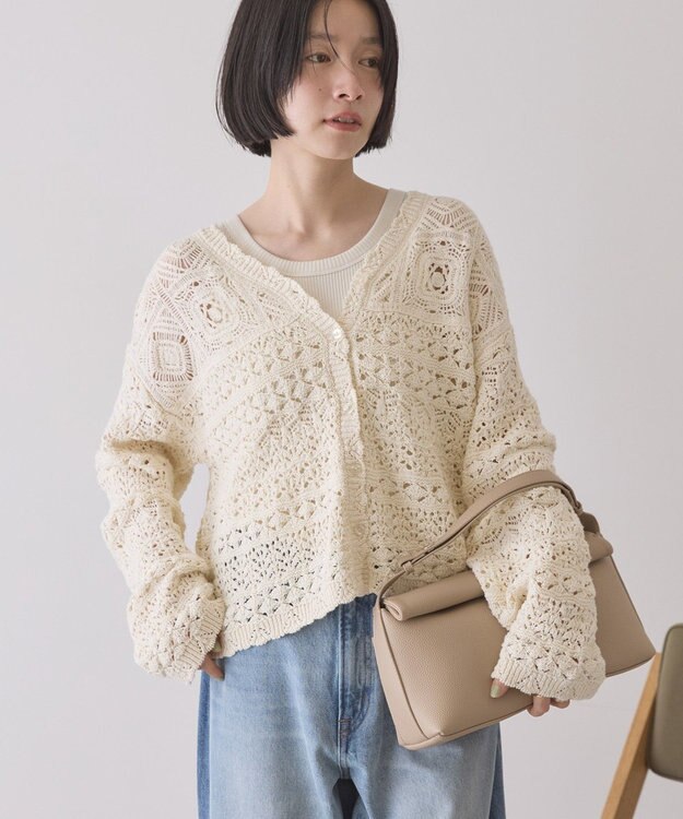 AMERICAN HOLIC 【前後2WAY】レース透かし編みニットカーディガン Ivory