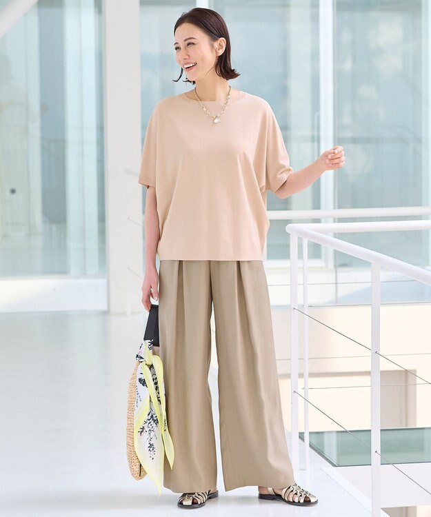 自由区 L 【洗える/セット可】キュプラリネンシャンタン ワイドパンツ ベージュ系