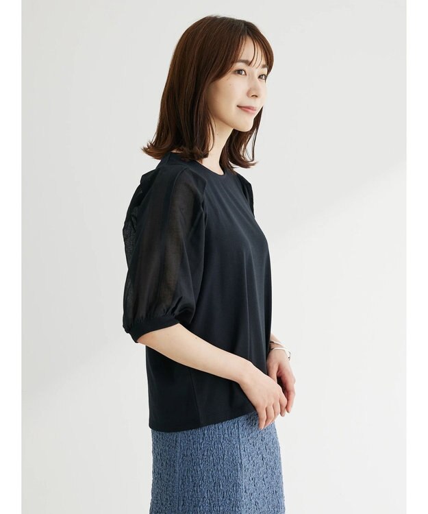 Green Parks 袖シアードッキング５分袖カットプルオーバー Black