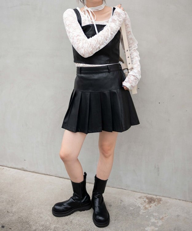 WEGO ヴィンテージライクFレザープリーツスカパン ブラック