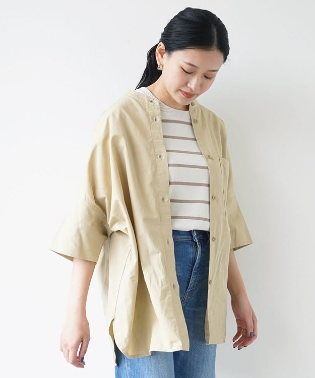 WHITE MAILS COTTON PAPER  POPLIN BAND COLLAR DOLMAN SLEEVE SHIRT　コットンポプリン 半袖シャツ ベージュ
