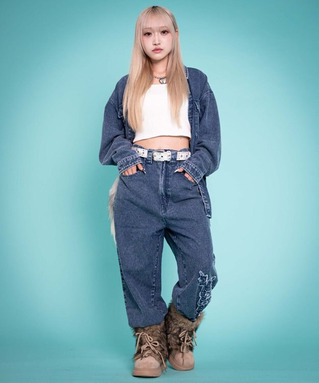 WEGO 【ユニセックス着用YD/ウエスト調整可/MLサイズ展開】グラフィックデニムパンツ デニム中濃加工色