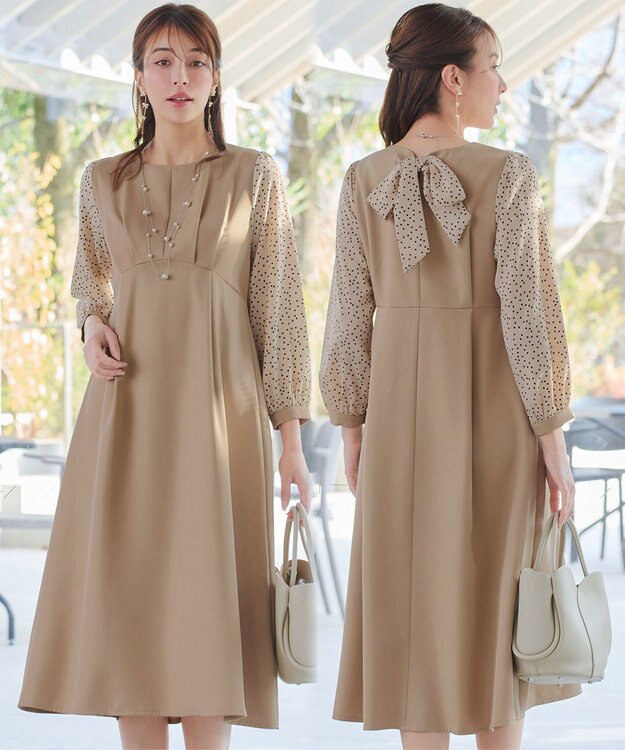 Tiaclasse L ドット柄コンビバックリボンタックワンピース ベージュ