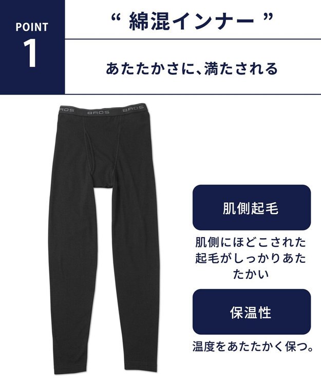 WACOAL MEN 綿混インナー ボトム 足首丈 しっかりあたたかい 保温性 肌側起毛 ストレッチ素材 前開き メンズ GS6021 /ブロス ブラック