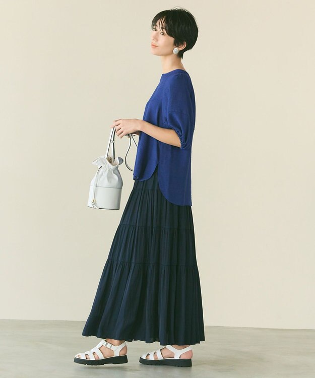 自由区 L 【洗える/着丈調節可】カラー ティアードスカート ネイビー系