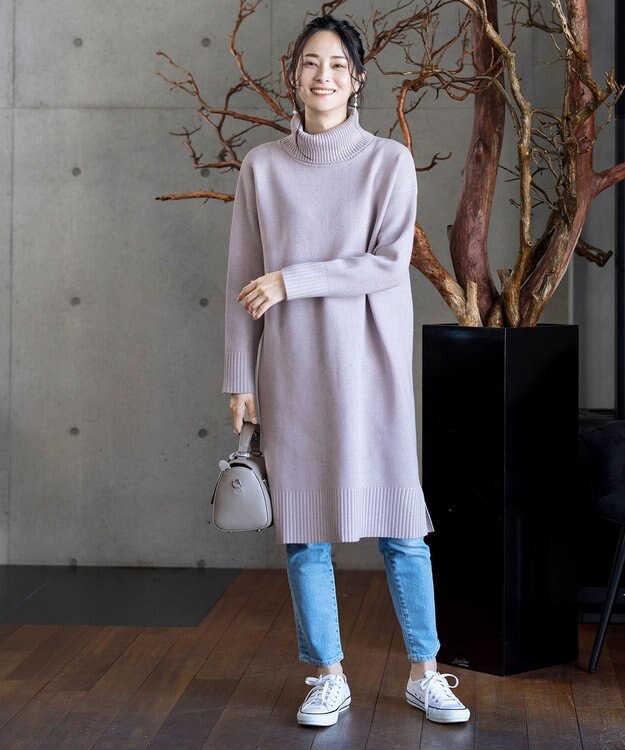 Tiaclasse 【洗える】華のあるニットタートルワンピース ラベンダー