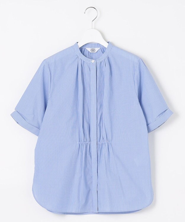 J.PRESS LADIES L 【洗える】APESCO ストライプ バンドカラー ブラウス サックスブルー系1