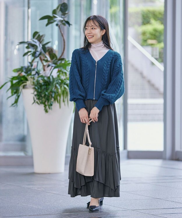 Tiaclasse 【洗える】ケーブル編みショート丈カーディガン ブルー