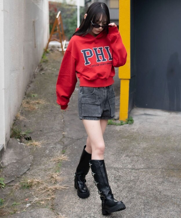 WEGO グラフィックショートプルパーカー レッド