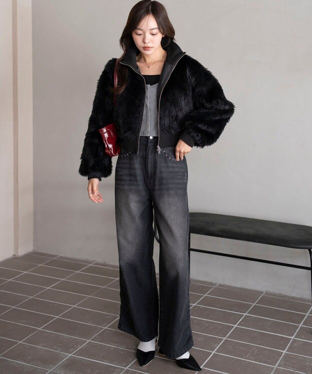 WEGO 【25年秋冬新作】フェイクファーショートブルゾン ブラック