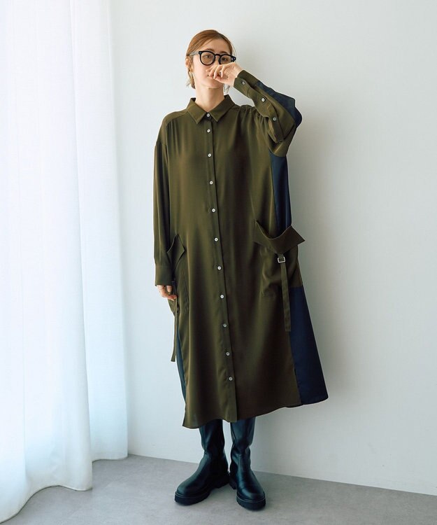 YECCA VECCA カーゴデザイン配色シャツワンピース Khaki