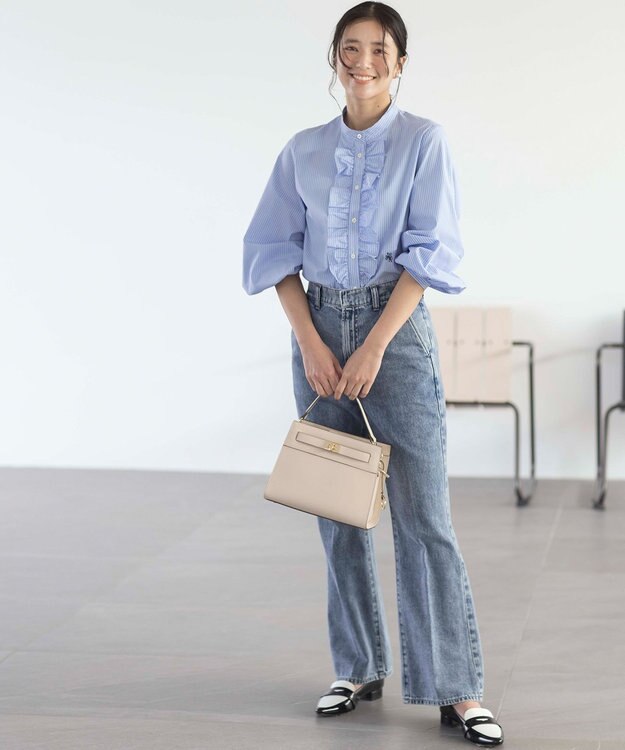 組曲 コンパクトシャーティング フリルブラウス スカイブルー系1