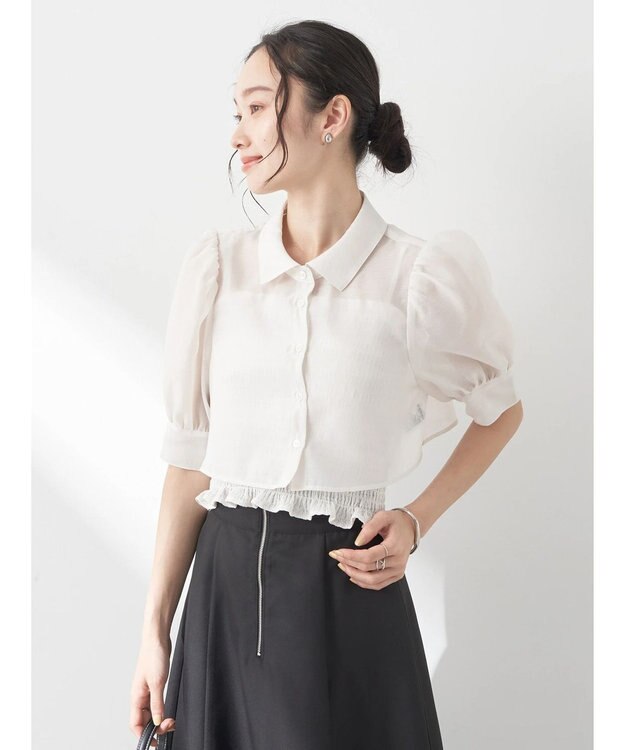 earth music&ecology ＳＥＴ２点シアークロップドシャツ×シャーリングタンク Ivory