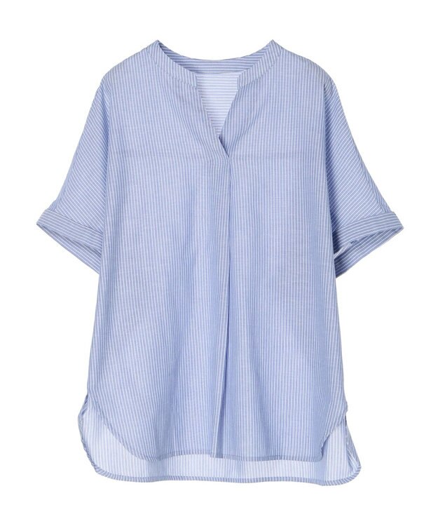 Green Parks 綿麻混フレンチスリーブスキッパーシャツ Stripe Blue