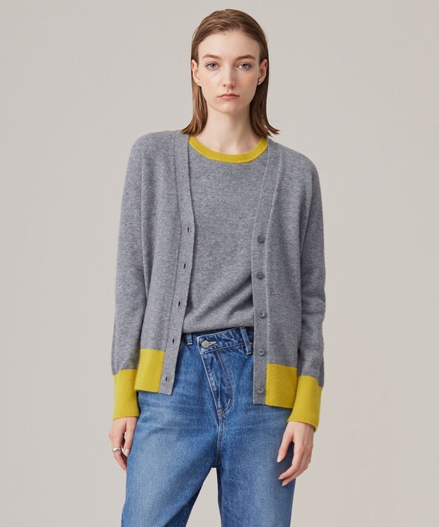 ICB L ピュアカシミヤ カーディガン ライム×ライトグレー系