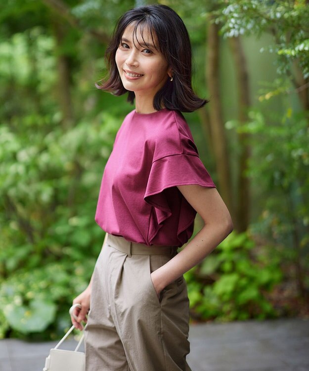 ANY 【接触冷感/UVケア/シワになりにくい】フレアスリーブ TブラウスⅡ ローズ