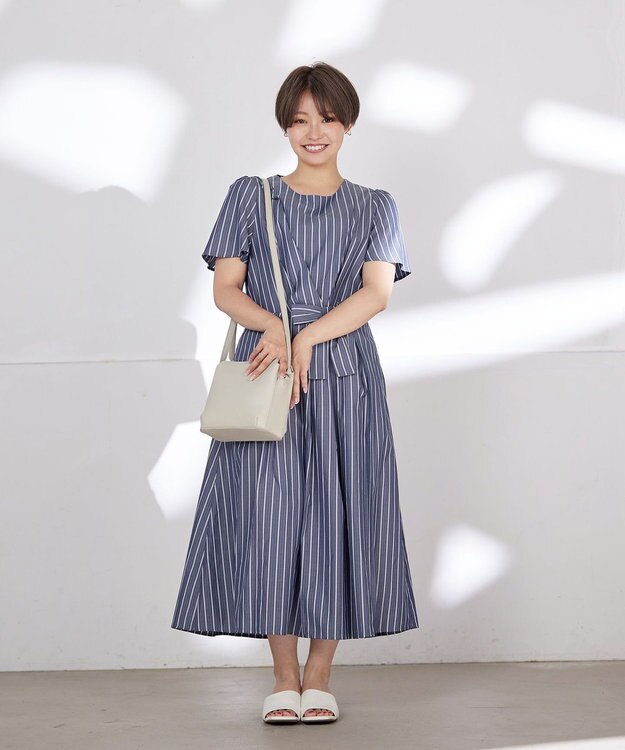 Tiaclasse L 【洗える】ストライプアシンメトリーリボンワンピース ネイビー