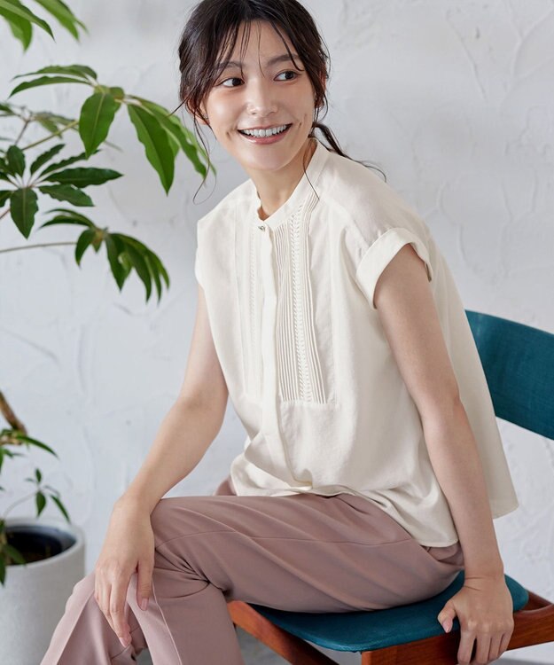 Tiaclasse 【洗える】フレンチスリーブピンタックブラウス オフホワイト