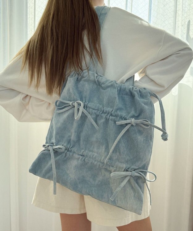 WEGO ドロストリボンギャザートート デニム淡加工色