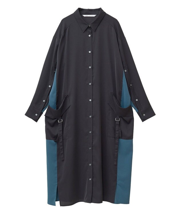 YECCA VECCA カーゴデザイン配色シャツワンピース Black