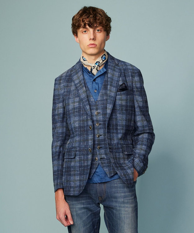 JOSEPH ABBOUD 【イタリア素材/軽量/ストレッチ】サマーツィード ジャージー プリント ジャケット ネイビー系4