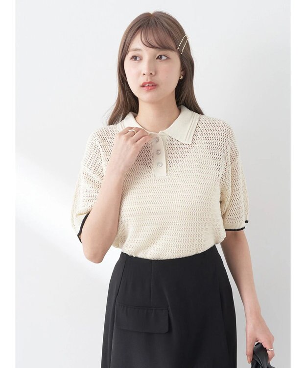 earth music&ecology ラインポロニットプルオーバー Ivory