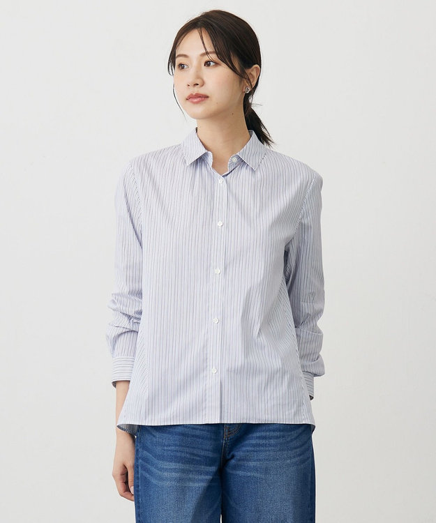 J.PRESS LADIES BEZ ドビーストライプ シャツカラー ブラウス ホワイト×パープル×ネイビー系