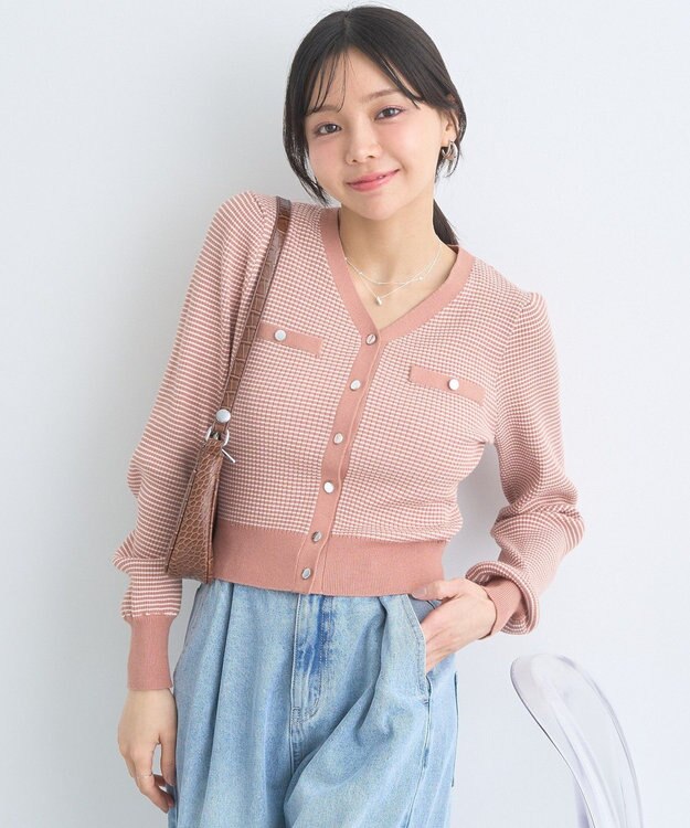 earth music&ecology マイクロボーダーＶネックコンパクトカーディガン Pink Orange