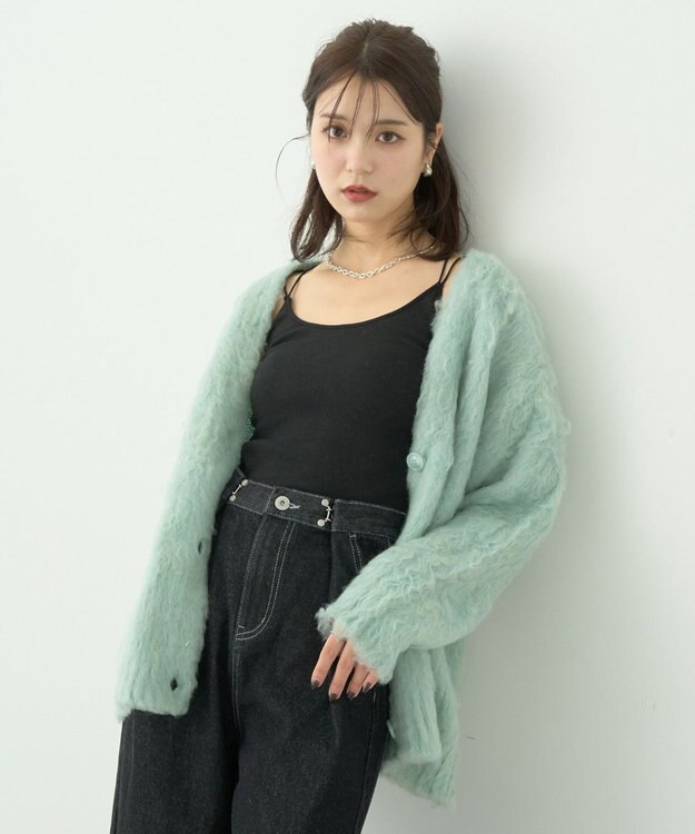 earth music&ecology なみなみ起毛Ｖネックカーディガン Blue Green