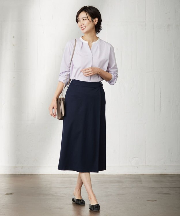 J.PRESS LADIES L ピンストライプジャージー バンドカラー スキッパー カットソー ふじ色系1