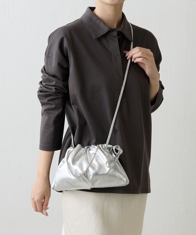 russet レザー巾着ミニショルダーバッグ(CE-1637) Silver