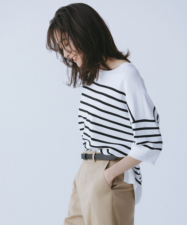 自由区 【接触冷感・UVカット・WEB限定カラーあり】クレープストレッチプルオーバー ニット [WEB限定]オフ×ブラックボーダー